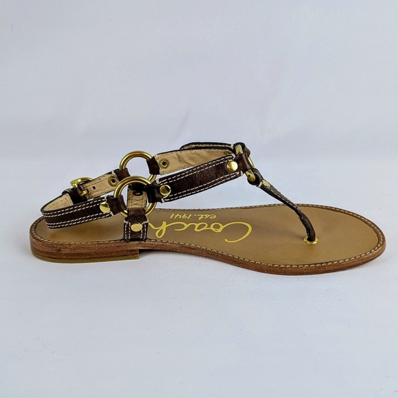 Coach Raiven Sandal Leather Flat Thong Ankle Strap Goldtone Tobacco 8.5 NWOB - Picture 3 of 14